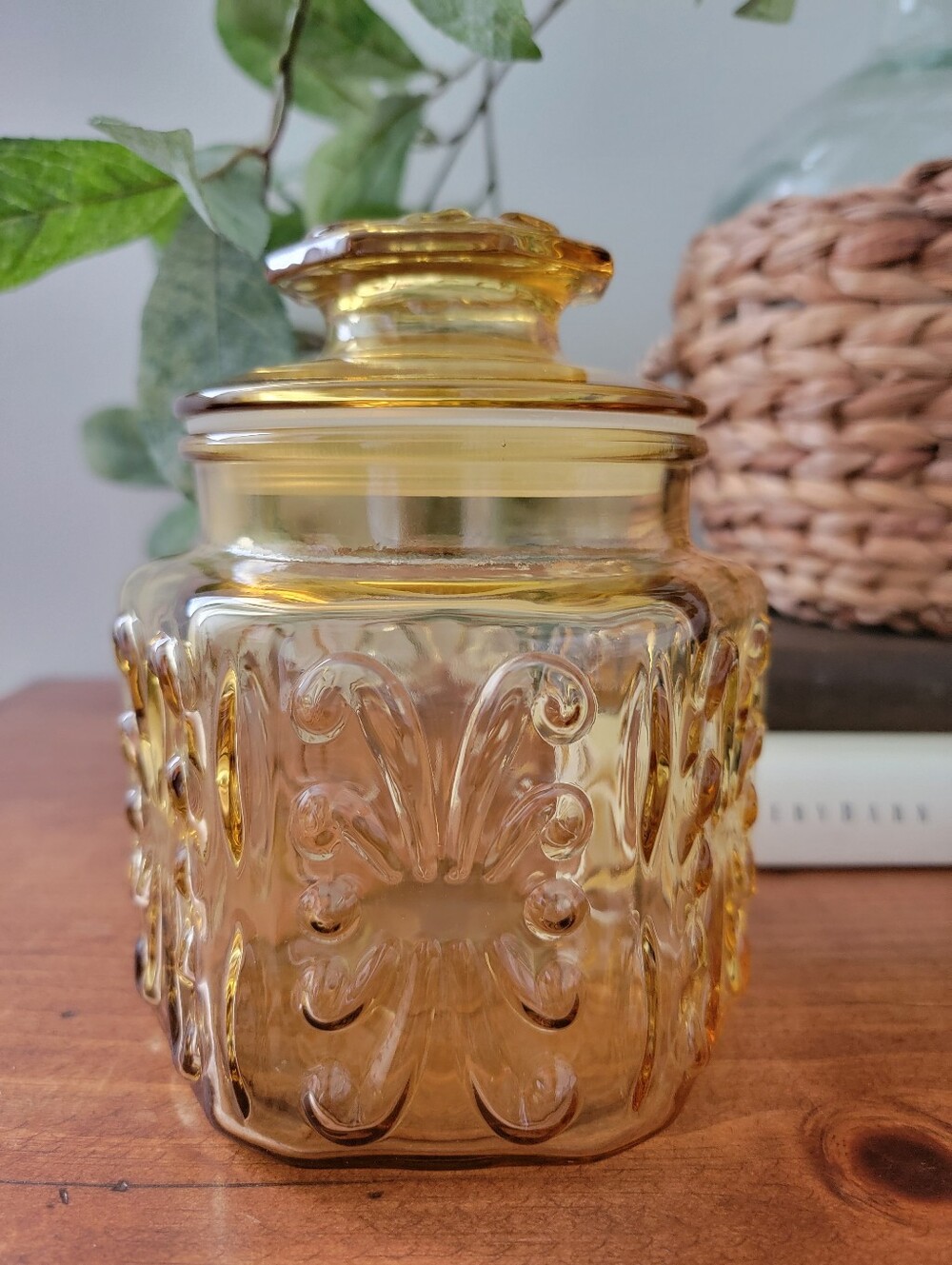 Vintage Federal Glass Atterbury Scroll Amber Canister Storage Jar 1970s